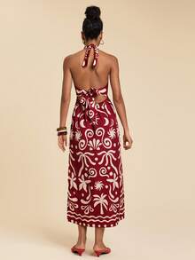 Travachic Vacation Casual Tropical All-Over Print Backless Halter Neck Dress,Summer,Beach Vacation,Elegant,Vacation Burgundy - Red - View 2