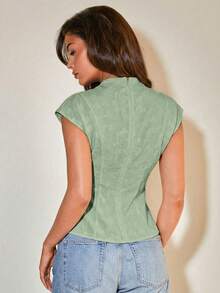COSMINA Women's Solid Color Pleated Casual Versatile Daily Outing Top - Green - View 2