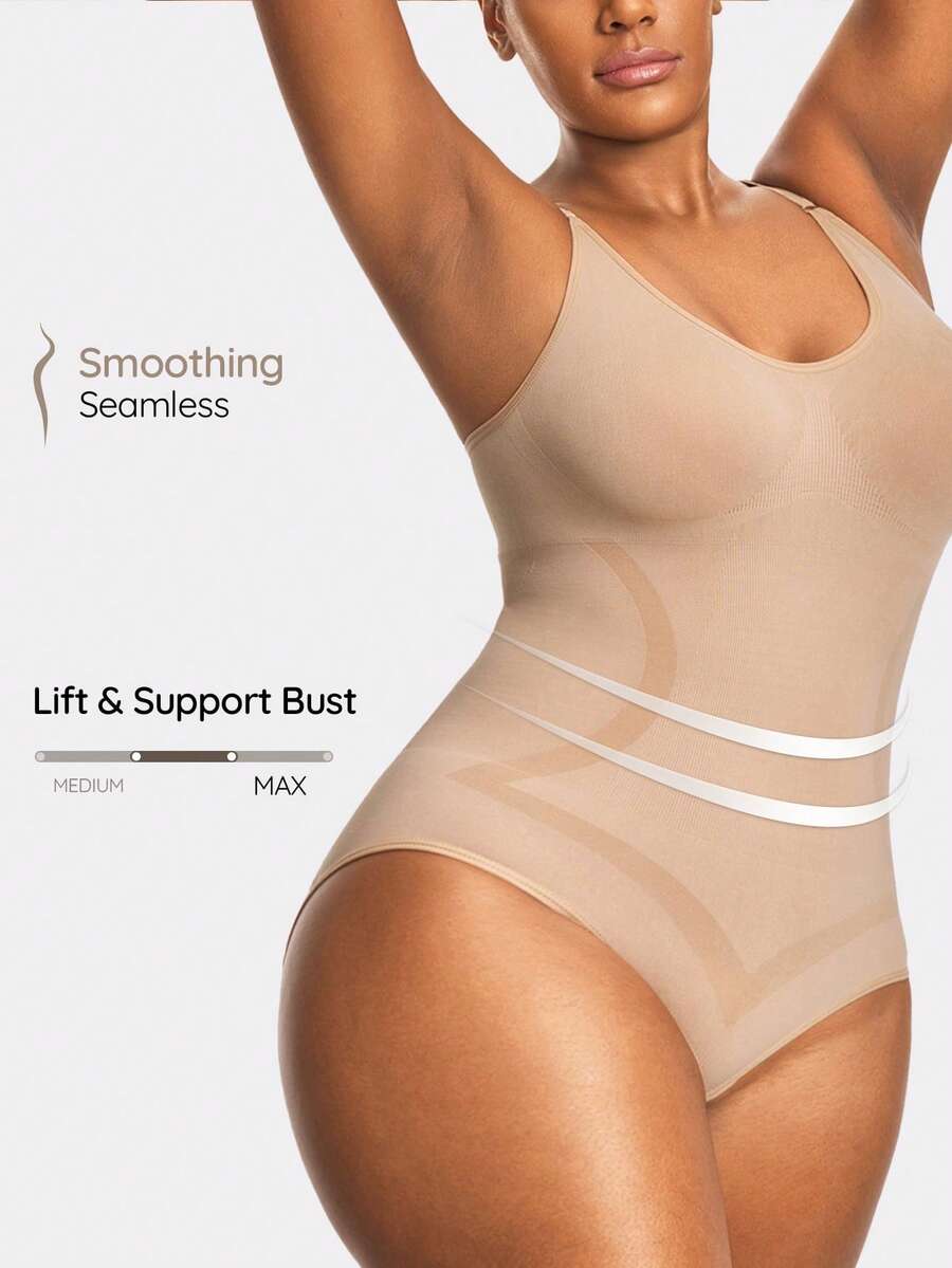 SHAPORA Plus Size Seamless Brief Spaghetti Strap Bodysuit Body Shaper Bust&Butt Lifter With Adjustable Strapes-Tummy Waist Control - Apricot - View 1