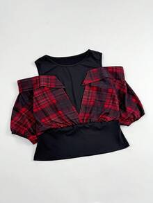 Franclia Talla Grande Diseño de Verano Manga Corta Patchwork a Cuadros 2 en 1 Hombros Descubiertos - Multicolor - Ver 7