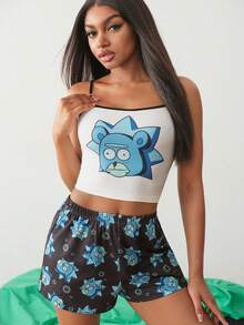 Rick and Morty X SHEIN Women's Cartoon Print Camisole Tank Top And Shorts Pajama Set,Teddy Rick - Black and White - View 4