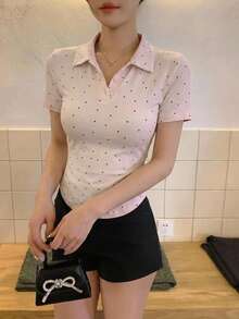 DAZY 夏季波點滿版印花粉色 Polo 衫休閒街頭度假短袖女款 T-shirt Y2K - 粉色 - 查看 6