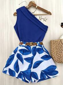 Franclia Casual Fashion Commuter High Elasticity Solid Color One-Shoulder Pleated Top And Floral Print Shorts Set - Blue - View 1