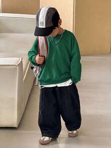 SHEIN Little Byeori 1件青少年男孩休閒學院風舒適時尚極簡街頭風寬鬆百搭大字母圖案厚款運動衫，適合日常穿著、上學、旅行、運動，秋冬季 - 綠色 - 查看 2