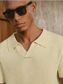 AKNOTIC Business Casual Men's Solid Color Polo Collar Short Sleeve Casual Versatile Knit Top - Light Yellow - View 3
