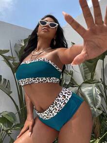 Swim Vcay Set Bikini Bandeau Fashion Musim Panas Wanita Ukuran Plus Motif Leopard untuk Pantai 2026 - MultiWarna - View 4