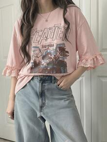 FRIFUL Kaos Wanita Kasual Longgar dengan Motif Huruf dan Patchwork Renda, Campuran Katun yang Bernapas, Serbaguna untuk Musim Semi/Panas. - Berwarna merah muda - View 7