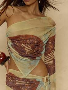 MUSERA Printed Mesh One Shoulder Cut Out Top - Multicolor - View 2