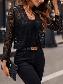 SHEIN Clasi Women's Elegant Commute Solid Color Lace Thin Jacket - Black - View 4