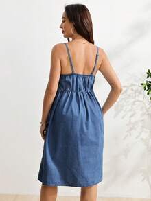 SHEIN Maternity Single-Breasted Casual Spaghetti Strap Denim Dress Autumn Navy Blue Fall Baby Shower Maternity Shoot - Dark Wash - View 2