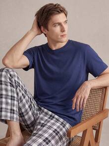 EverLounge Men's Solid Color Crew Neck Short Sleeve Minimalist T-Shirt And Plaid Long Pants Loungewear Set - Royal Blue - View 1