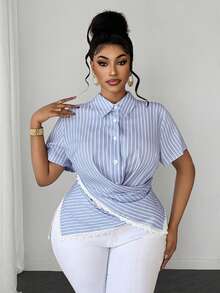 Maweii Plus Size Criss-Cross Lace-Up Collar Blue And White Ruffle Short Sleeve Elegant Blouse Beach Vacation Office Summer - Multicolor - View 2