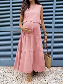 Boho Mama Maternity Vacation Casual Solid Color Tank Top & Skirt 2 Pieces Set - Dusty Pink - View 6