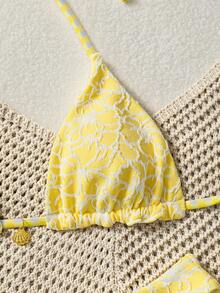 Swim Mod Women's Sweet Floral Print Reversible Halter Neck Bikini Set - Yellow - View 5