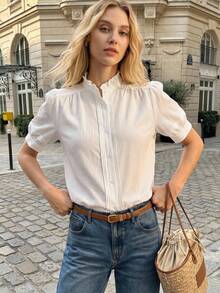 BizChic White Round Neck Short Sleeve Shirt, Business Formal, Vacation Style, Slouchy, Commute, Date, Daily, Vacation, Office, Independence Day, Graduation Season, Music Festival, Slimming, Elegant, Versatile, Summer, Party, Wedding Guest, Outing, Beach, Gathering, Social, Holiday, Shopping, Afternoon Tea, Travel, Minimalist - White - View 9