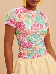 Travachic 2026 Spring/Summer New Women's Slim Fit Printed Short Sleeve Mesh Sheer Ruched Cool Top, Suitable For Vacation/Casual Wear In Various Relaxing Occasions - Multicolor - View 6