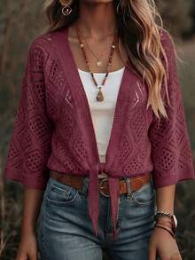 SHEIN Holidaya Women's Summer Solid Color 3/4 Sleeve Hollow Waist Knot Knit Cardigan - Red Violet - View 4