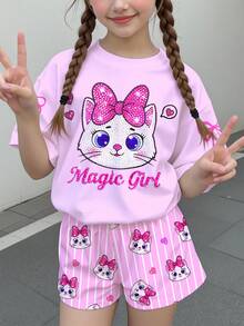 青少年女孩休閒簡約可愛亮面紋理卡通小貓圖案，粉色蝴蝶結，奶油粉色，短袖圓領T恤，適合夏季，圖案印花，Kawaii，Y2K，舒適，小貓，可愛上衣 - 彩色 - 查看 2