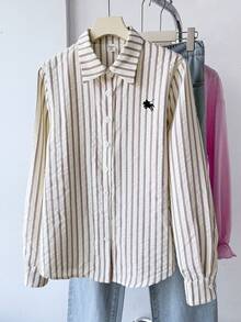 SHEIN Teen Girls Shirt Striped Texture Back To School Blouses Summer White Bow-Tie Peter Pan Collar Preppy Casual, Early Autumn Preppy Style,Versatile - Apricot - View 7