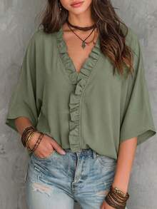 Louniche Women's 2026 Summer Casual V Neck Ruffle Trim Blouse, Batwing Sleeve Loose Fit Flowy Shirt For Daily Commute Vacation - Army Green - View 7