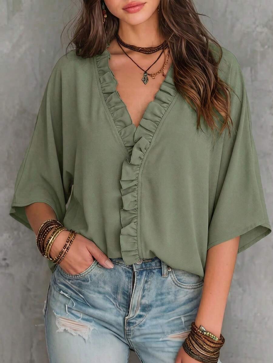 Louniche Áo blouse nữ mùa hè 2026 cổ chữ V viền bèo, tay cánh dơi dáng rộng bay bổng, phong cách thường ngày cho đi làm và đi du lịch - xanh quân đội - Xem 1