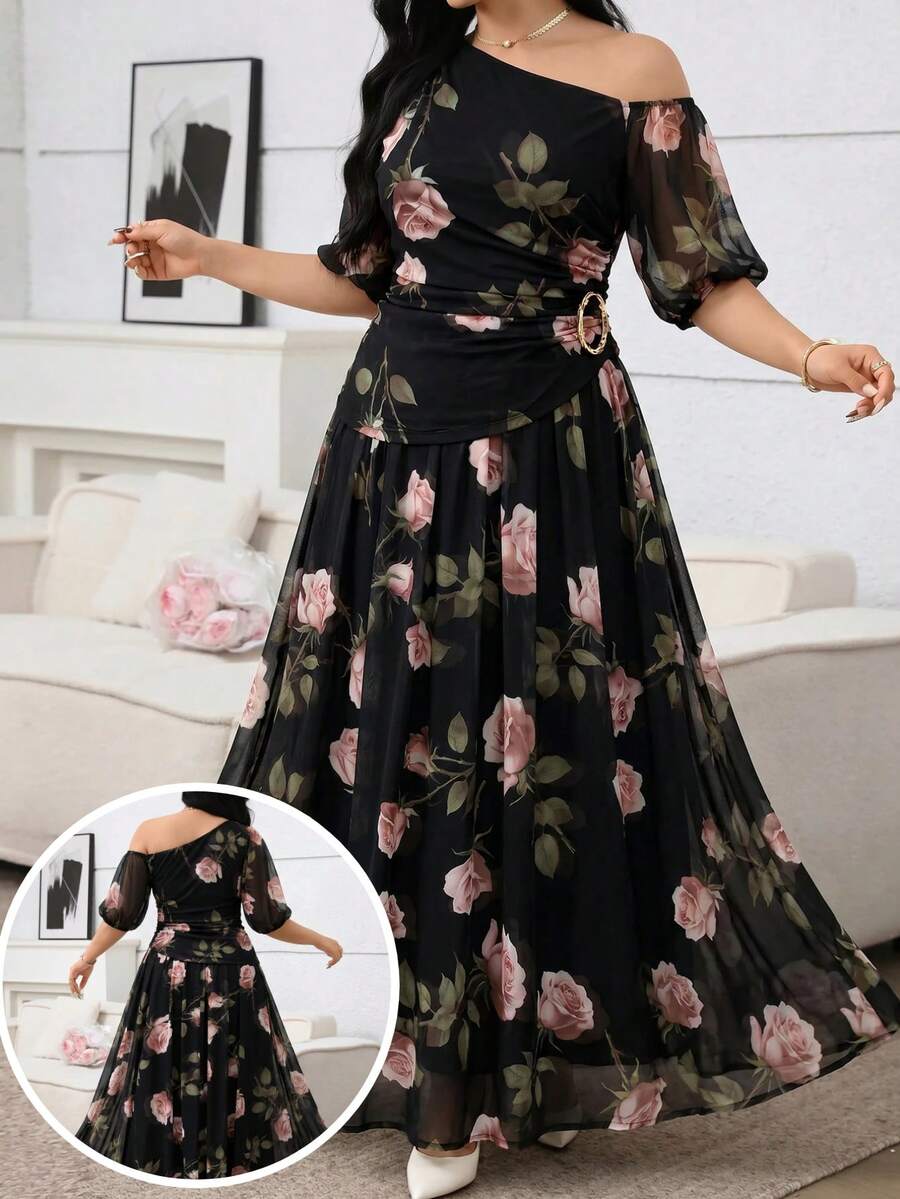 Modelyn 大尺碼女款花卉印花單肩百褶上衣與裙子休閒日常兩件套 - 彩色 - 查看 1