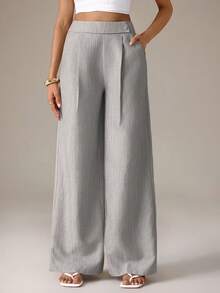 SHEIN Tall Pantaloni da donna in tessuto di bambù rosa con design a fibbia frontale in vita, eleganti, professionali e casual, adatti per insegnanti, essenziali per il Ringraziamento e Ognissanti, versatili, ampi e fluidi, a gamba dritta, per donne alte - Grigio - Visualizzare 8
