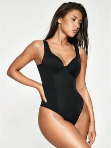 SHAPORA American Sexy Style Solid Color Sleeveless Underwire Seamless Camisole Jumpsuit, Cotton Crotch - Black - View 2