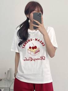 DAZY Women Summer Letter Cherry Printed Round Neck Short Sleeve Casual T-Shirt CREAMCHERRY Honey Cake Cute Tops,Graphic Tees - White - View 4