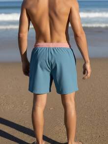 Manfinity KASUA Men Letter Graphic Drawstring Waist Swim Trunks & Compression Liner Milk Silk Lining Beach Shorts, Holiday - Dusty Blue - View 2