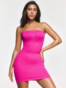 SHAPORA Women's Solid Color Casual Bandeau Bodycon Dress - Hot Pink - View 3