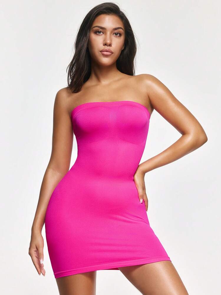 SHAPORA Women's Solid Color Casual Bandeau Bodycon Dress - Hot Pink - View 3