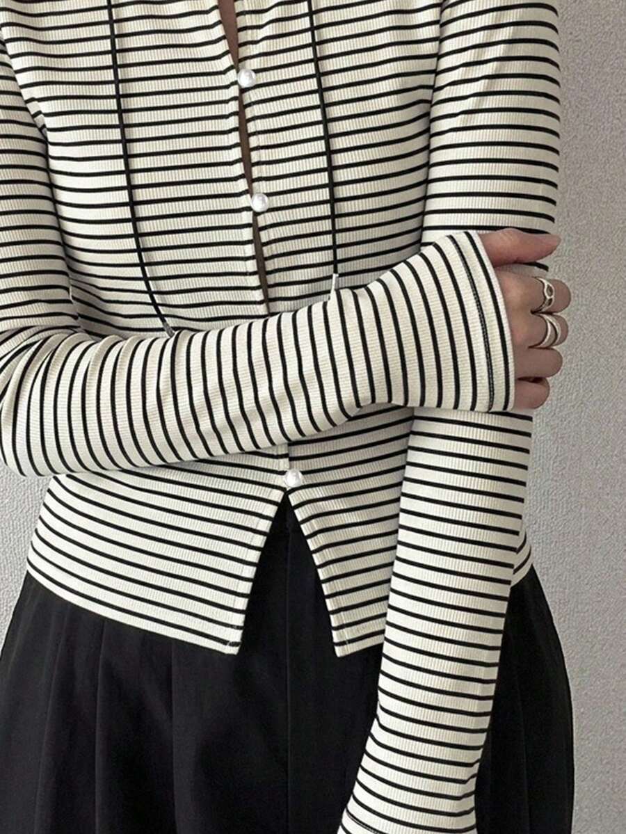 FRIFUL 女款條紋拼色休閒百搭日常外出長袖上衣 夏季 - 黑色 - 查看 1