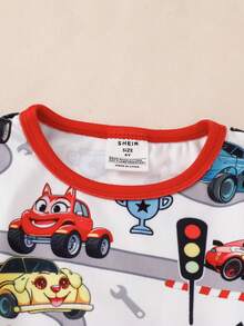 Boys' Simple Fashionable Cool Car Print All-Over Pattern Colorblock Red Crew Neck Ribbed Fabric Snug Fit Short Sleeve Top And Shorts 2-Piece Loungewear Set - Multicolor - View 4