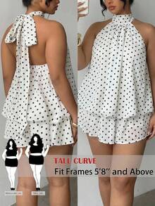 SHEIN Tall CURVE 大码女士波点印花吊带系带优雅连衣裙 - 黑與白 - 查看 1