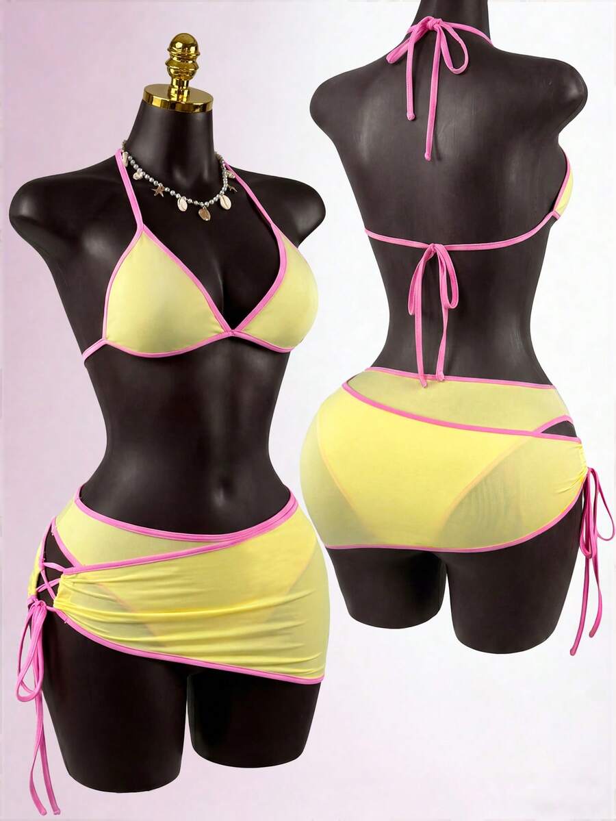 SaltGleam SaltGleam 2pcs/Set Sexy Contrast Color Spaghetti Strap Tie Side Asymmetrical Hem Skirt Set - Yellow - View 1