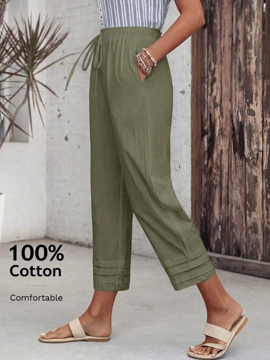 EMERY ROSE Pantalones largos holgados casuales con bolsillo y lazo en la cintura de unicolor para mujer - Verde Caza - Ver 1