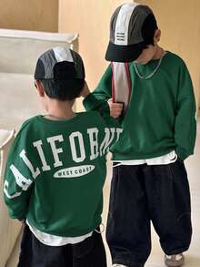 SHEIN Little Byeori 1件青少年男孩休閒學院風舒適時尚極簡街頭風寬鬆百搭大字母圖案厚款運動衫，適合日常穿著、上學、旅行、運動，秋冬季 - 綠色 - 查看 6