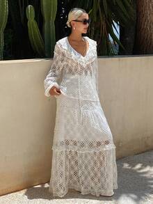 Livesso Summer Hollow-Out Style Top And Women's Semi-Transparent Loose Top With Floor-Length Skirt, Vacation Beach Style 2 Pieces Set White Tropical - White - View 4