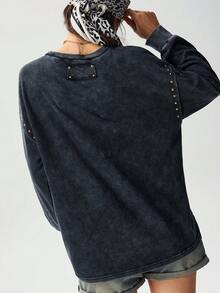 Bohemela Women's Fall Casual Black Washed Knit Long Sleeve Sweatshirt/Halloween/Back To School/Going Out/Y2K/Holiday - Black - View 10