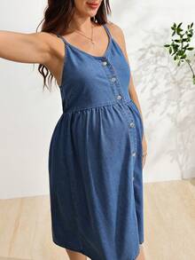 SHEIN Maternity Single-Breasted Casual Spaghetti Strap Denim Dress Autumn Navy Blue Fall Baby Shower Maternity Shoot - Dark Wash - View 3