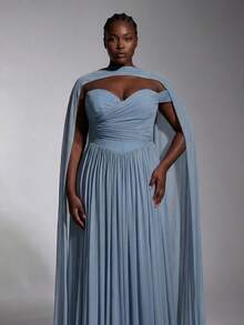 Elitara Plus Size Fashion Elegant Dusty Blue Strapless Pleated A-Line Dress With Detachable Long Shawl For Bridesmaid Party Evening Formal Wedding Winter - Baby Blue - View 4