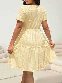 Solflare Plus Size Women's Ruffle Hem Jacquard Round Neck Short Sleeve Dress - Pale Yellow - View 2