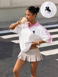 Muchica 對比色針織女款刺繡學院風POLO衫 - 白色 - 查看 7