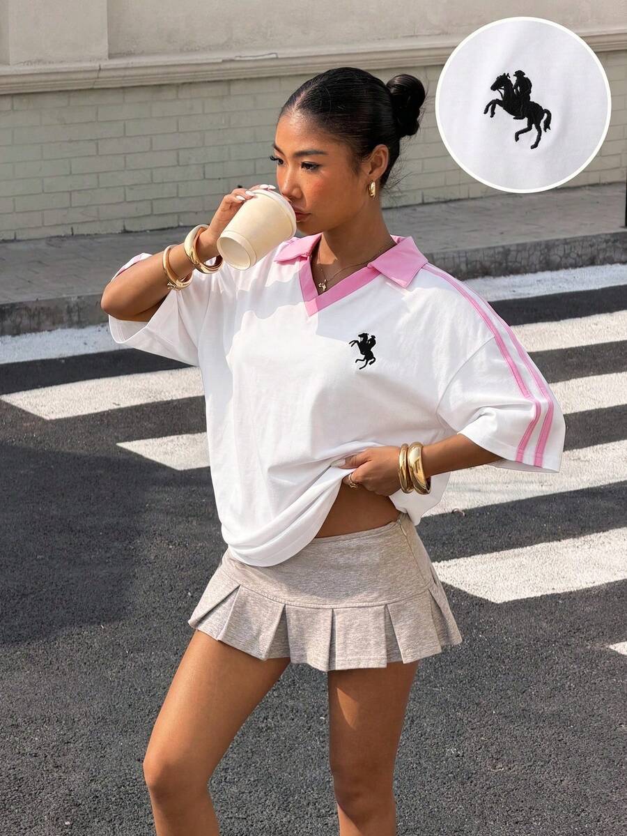 Muchica Contrast Color Knit Women's Embroidered College POLO Shirt - White - View 1