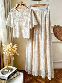GlowEve CURVE Plus Size White Knit Lace Round Neck Short Sleeve Top With Lining, Elastic Waist Pleated Full Skirt With Lining, Elegant, Party, Daily, Casual, Vacation 2-Piece Set - Multicolor - View 3
