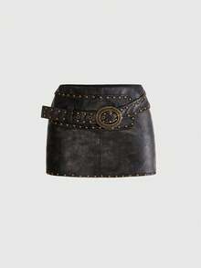 ROMWE Hippie Sexy Stylish Disco Siren Low Waist PU Rivet Decor Bodycon Mini Skirt Party Concert Brown And Gold Winter - Black - View 2