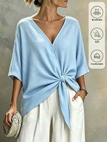 SHEIN Holidaya 女款素色蝙蝠袖腰部打結時尚襯衫 - 藍色 - 查看 1