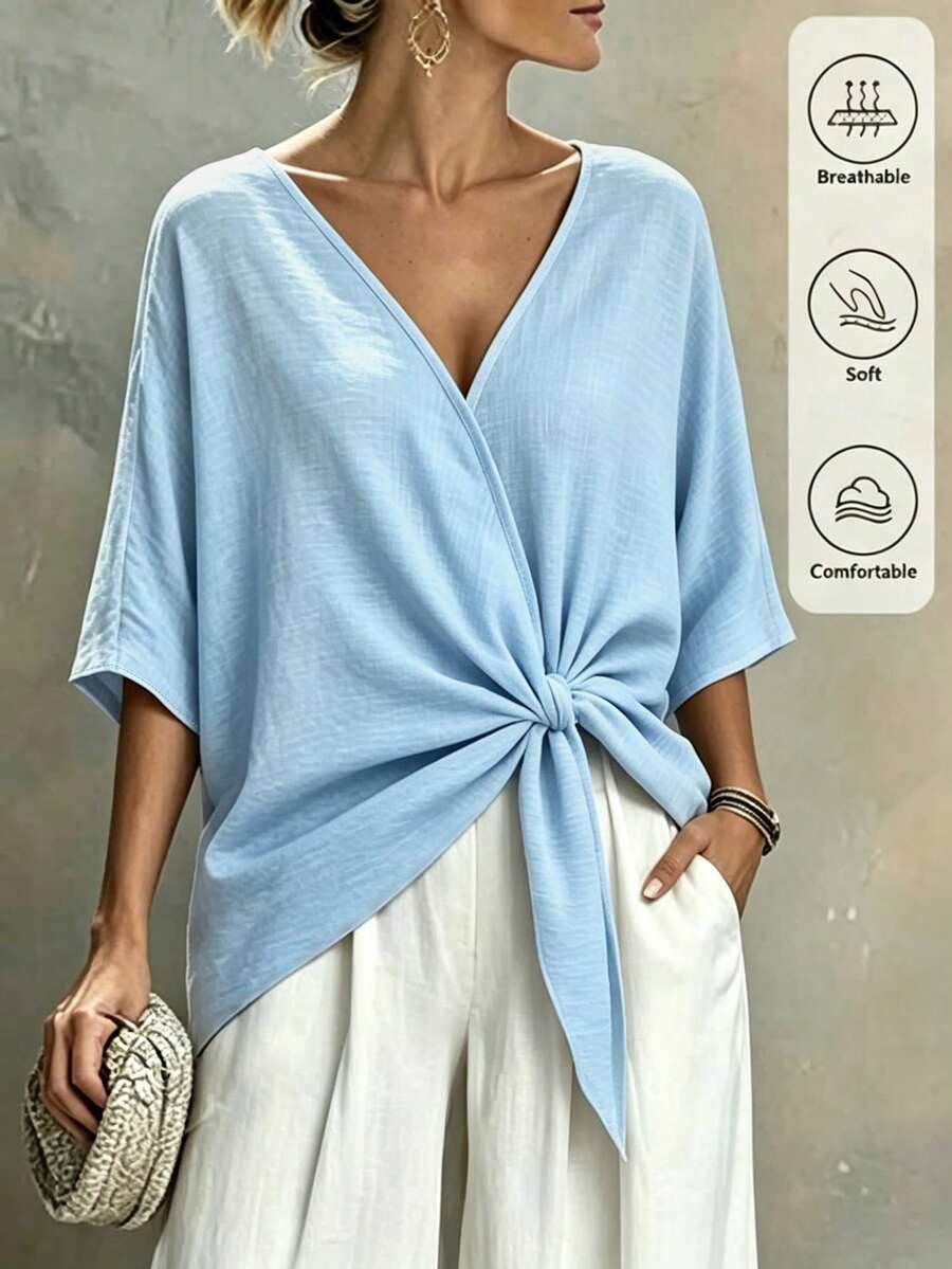 SHEIN Holidaya 女款素色蝙蝠袖腰部打結時尚襯衫 - 藍色 - 查看 1