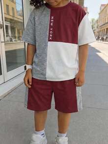 SHEIN 2pcs/Set Kids Tween Boy Casual Colorblock Crew Neck Short Sleeve T-Shirt & Shorts Set, Suitable For Commuting, School, Daily Casual, Sports, Spring/Summer, Beach Vacation - Burgundy - View 4